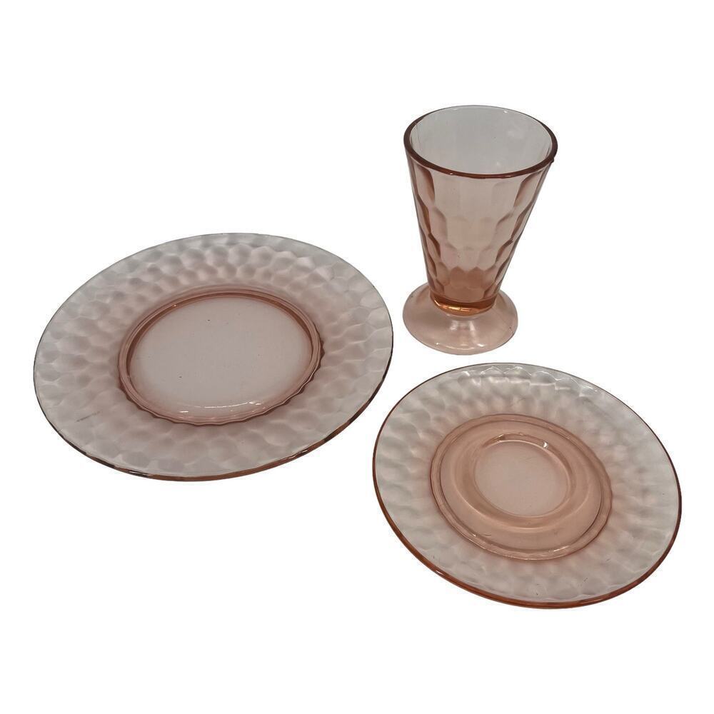 Vintage Jeanette Pink Hex Depression Glass Set of 3, Plates & Glass Hexagon